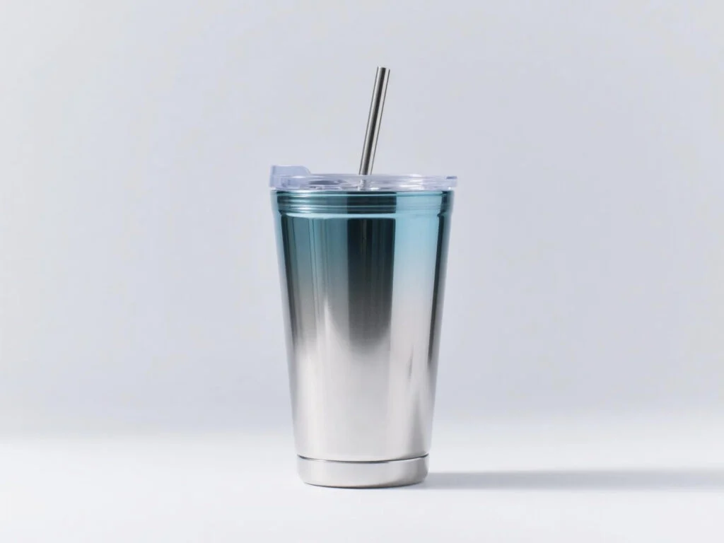 glass straw tumbler-vacuum coating-mirror finish blue-white gradient